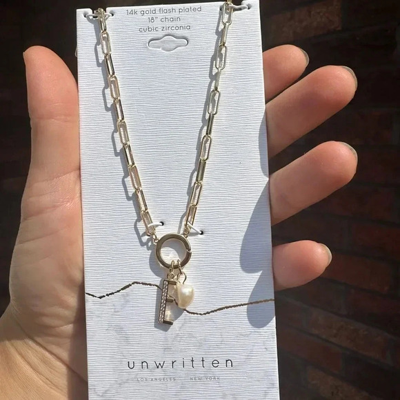 NWT Unwritten Gold "E" Necklace with Pearl Charm - Picture 5 of 9